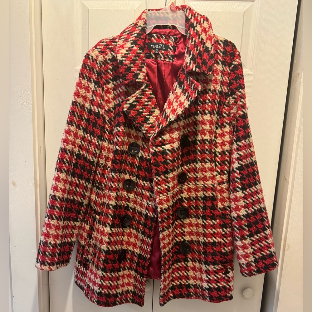 Rue 21 Black/Red/tan Houndstooth Pattern Pea Coat Double Breasted Sz:XL